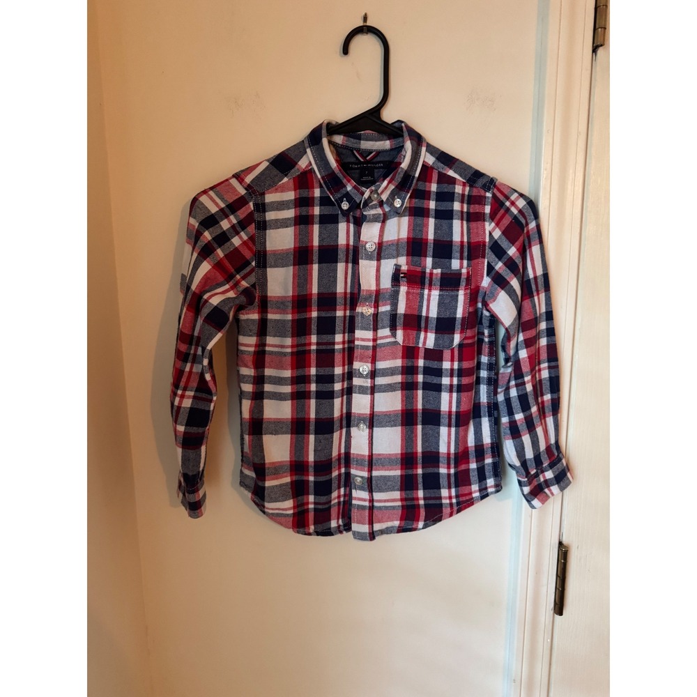 Tommy Hilfiger Kids Red White Blue Plaid Button Down Shirt Size 7 Cotton